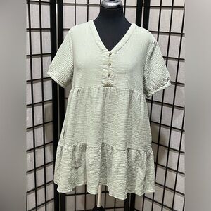 GeeGee Green TIERED BABYDOLL SHORT SLEEVE MINI COTTON GAUZE DRESS SIZE M
